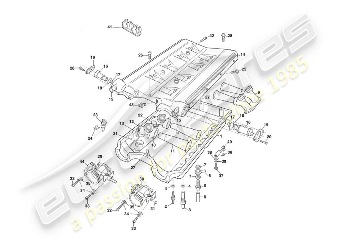 aston martin v8 virage (1999) carburant, contrôle des émissions, diagramme des pièces d'échappement