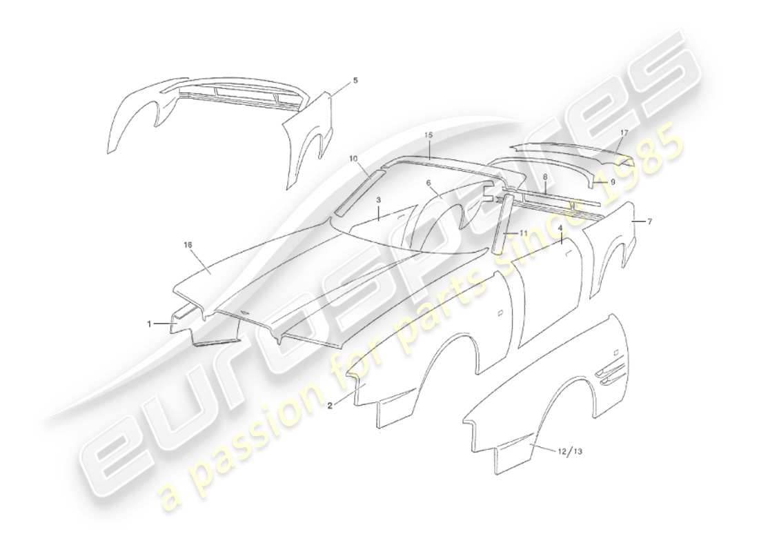aston martin v8 virage (1999) panneaux de carrosserie, diagramme de pièce volante