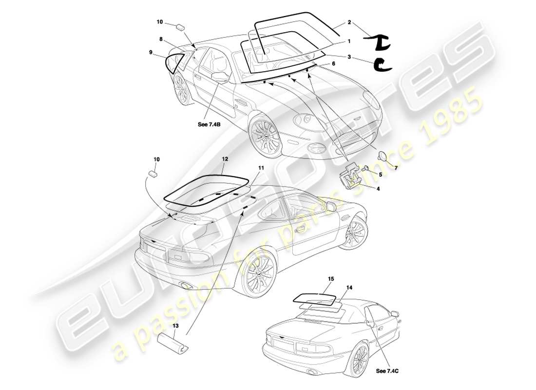 aston martin db7 vantage (2002) diagramme des pièces en verre