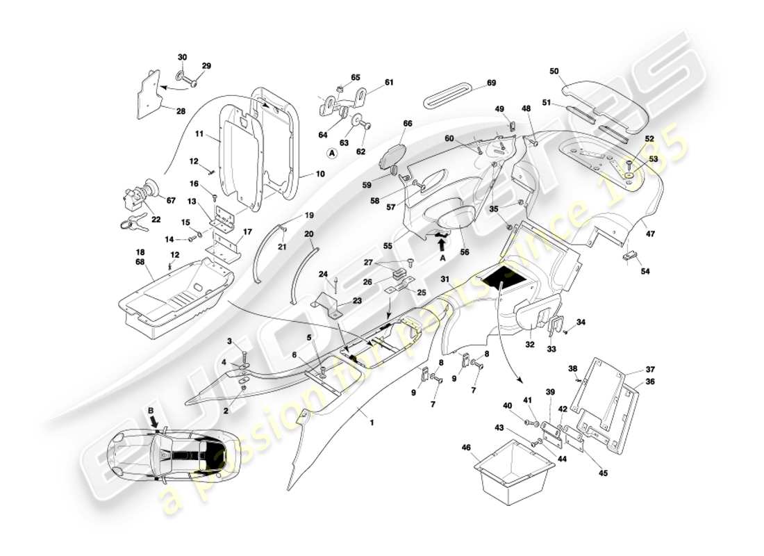 aston martin db7 vantage (2002) console centrale et garniture, diagramme de pièce du coupé