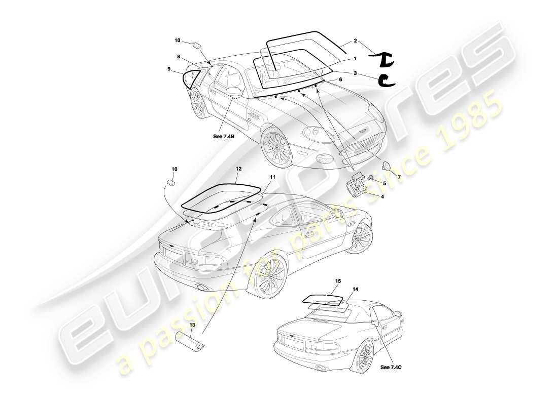 aston martin db7 vantage (2003) diagramme des pièces en verre