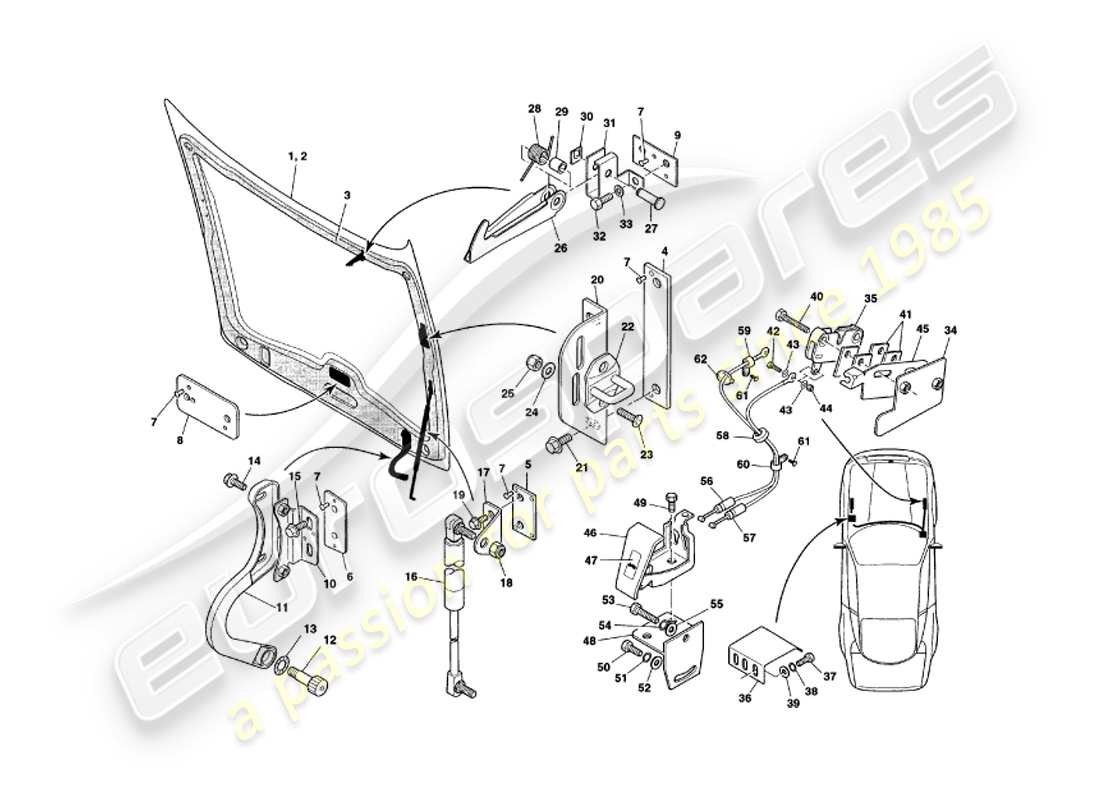 aston martin v8 coupe (1999) diagramme de pièce de capot