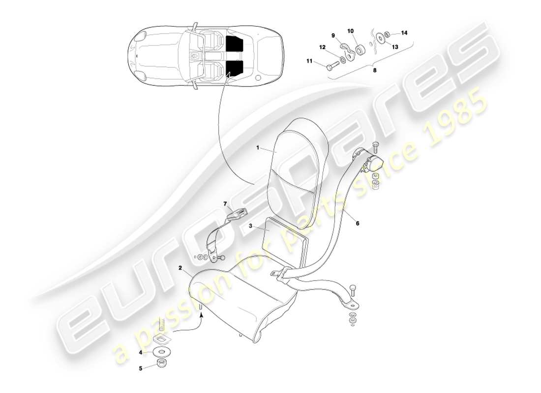 aston martin db7 vantage (2003) schéma des pièces des sièges et ceintures arrière