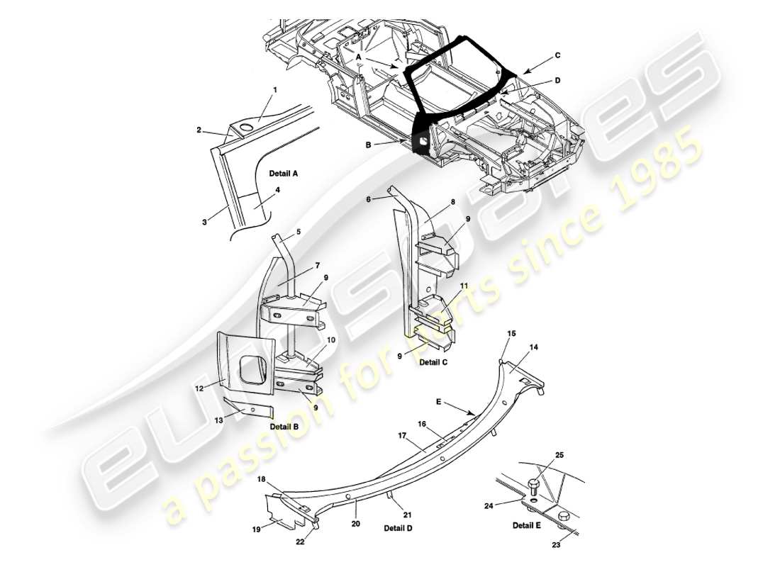 aston martin v8 volante (1998) diagramme des pièces de superstructure