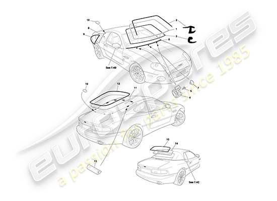 aston martin db7 vantage (2001) diagramme des pièces en verre