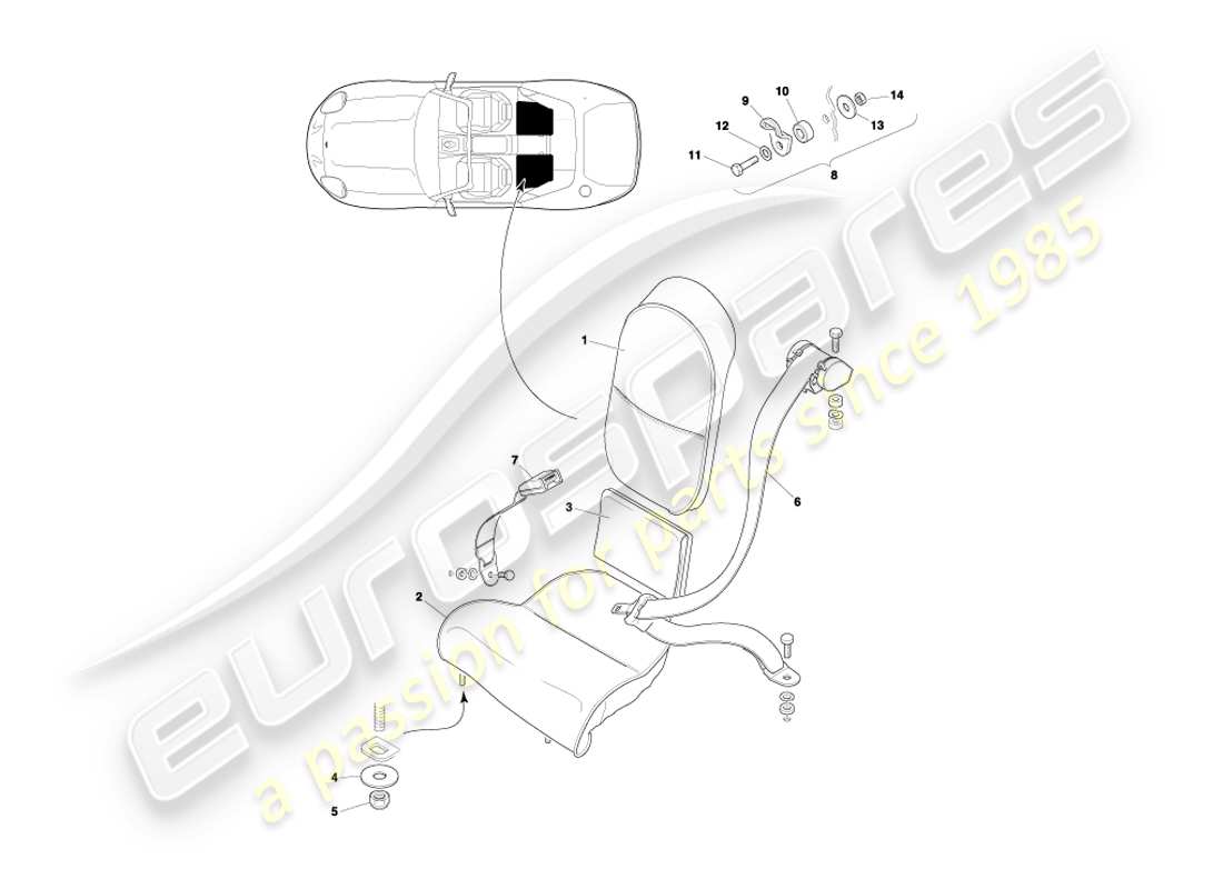 aston martin db7 vantage (2001) schéma des pièces des sièges et ceintures arrière