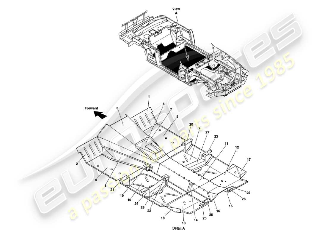 aston martin v8 volante (1998) diagramme des pièces des panneaux de plancher