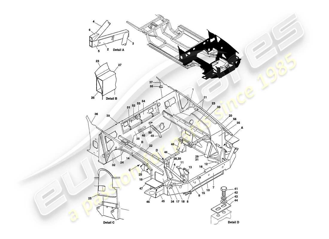 aston martin v8 volante (1997) diagramme des pièces de la structure avant