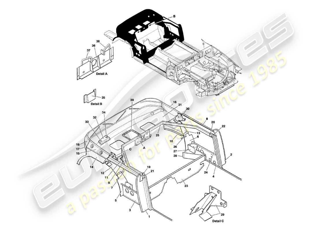 aston martin v8 volante (1997) structure arrière schéma des pièces