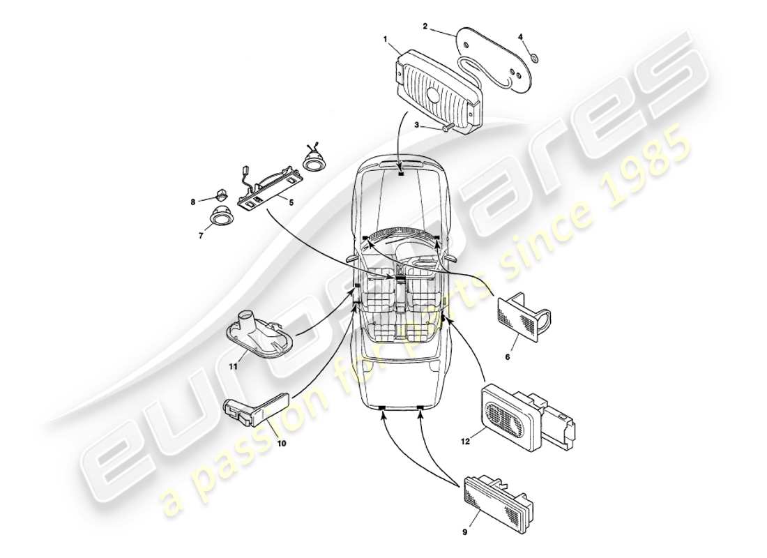aston martin v8 volante (1998) schéma des pièces des lampes intérieures