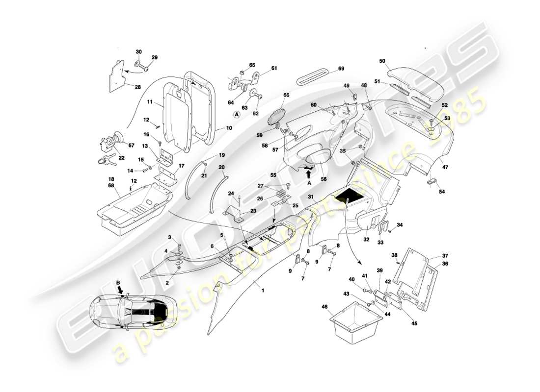 aston martin db7 vantage (1999) console centrale et garniture, diagramme de pièce du coupé