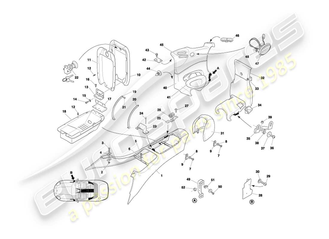 aston martin db7 vantage (1999) console centrale et garniture, diagramme de pièce volante