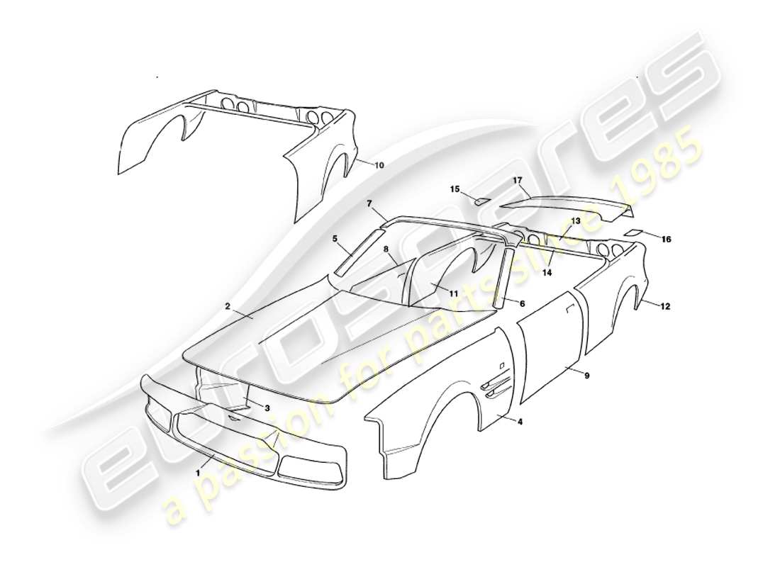 aston martin v8 volante (1998) diagramme des pièces des panneaux de carrosserie