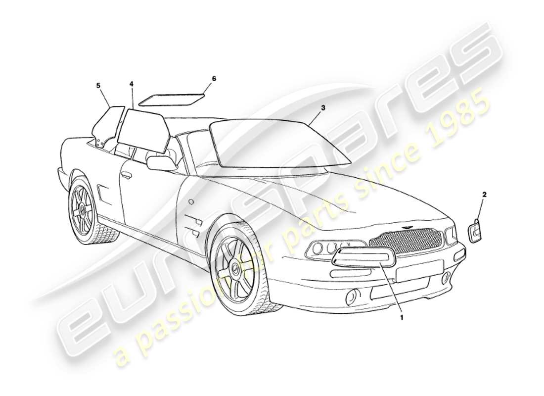 aston martin v8 volante (1998) diagramme des pièces en verre