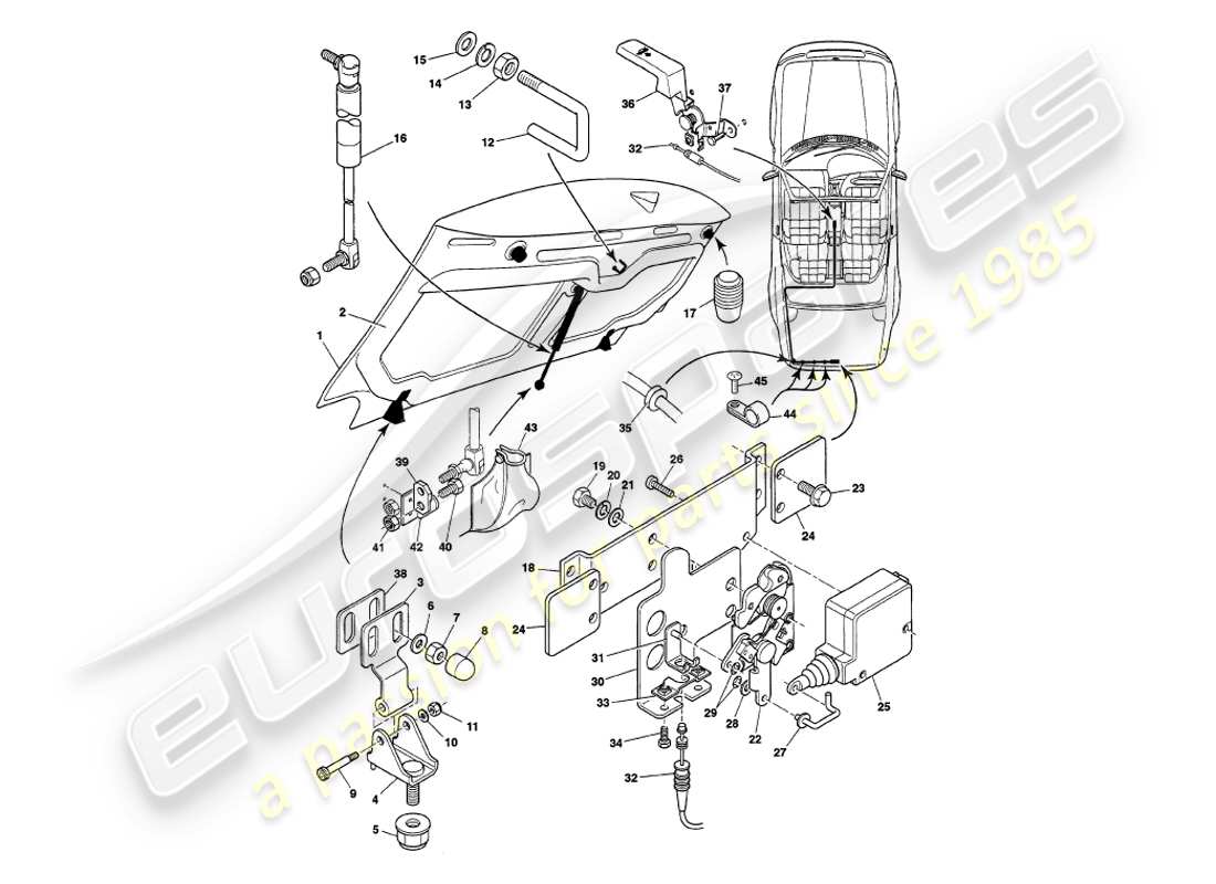 aston martin v8 volante (1998) schéma des pièces du couvercle de coffre