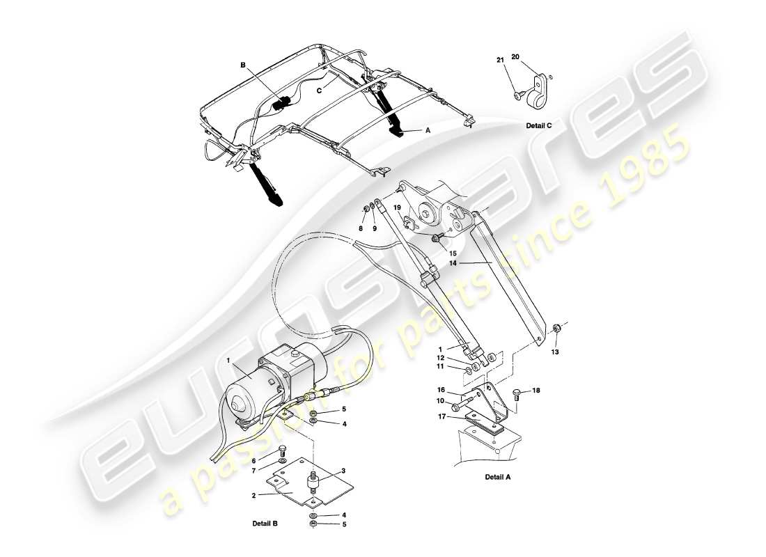 aston martin v8 volante (1998) schéma des pièces du système hydraulique du capot