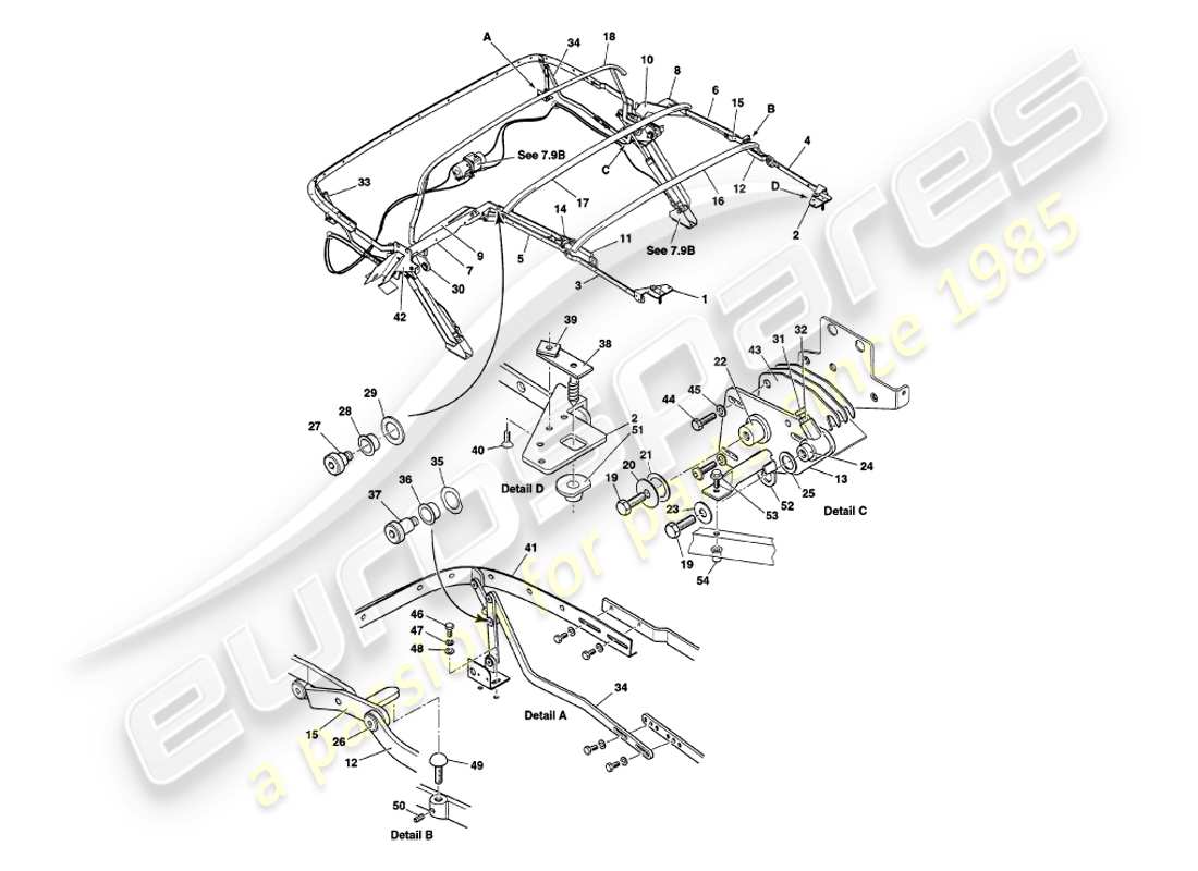 aston martin v8 volante (2000) assemblage du cadre du capot schéma des pièces