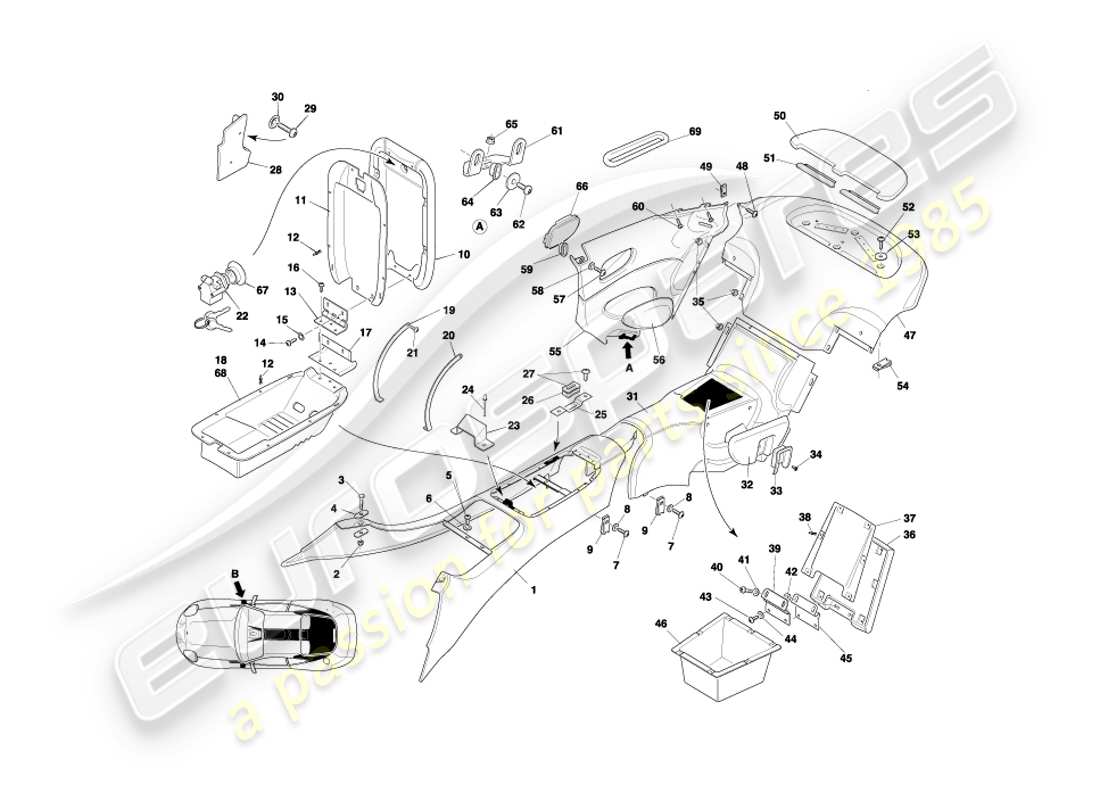 aston martin db7 vantage (2003) console centrale et garniture, diagramme de pièce du coupé