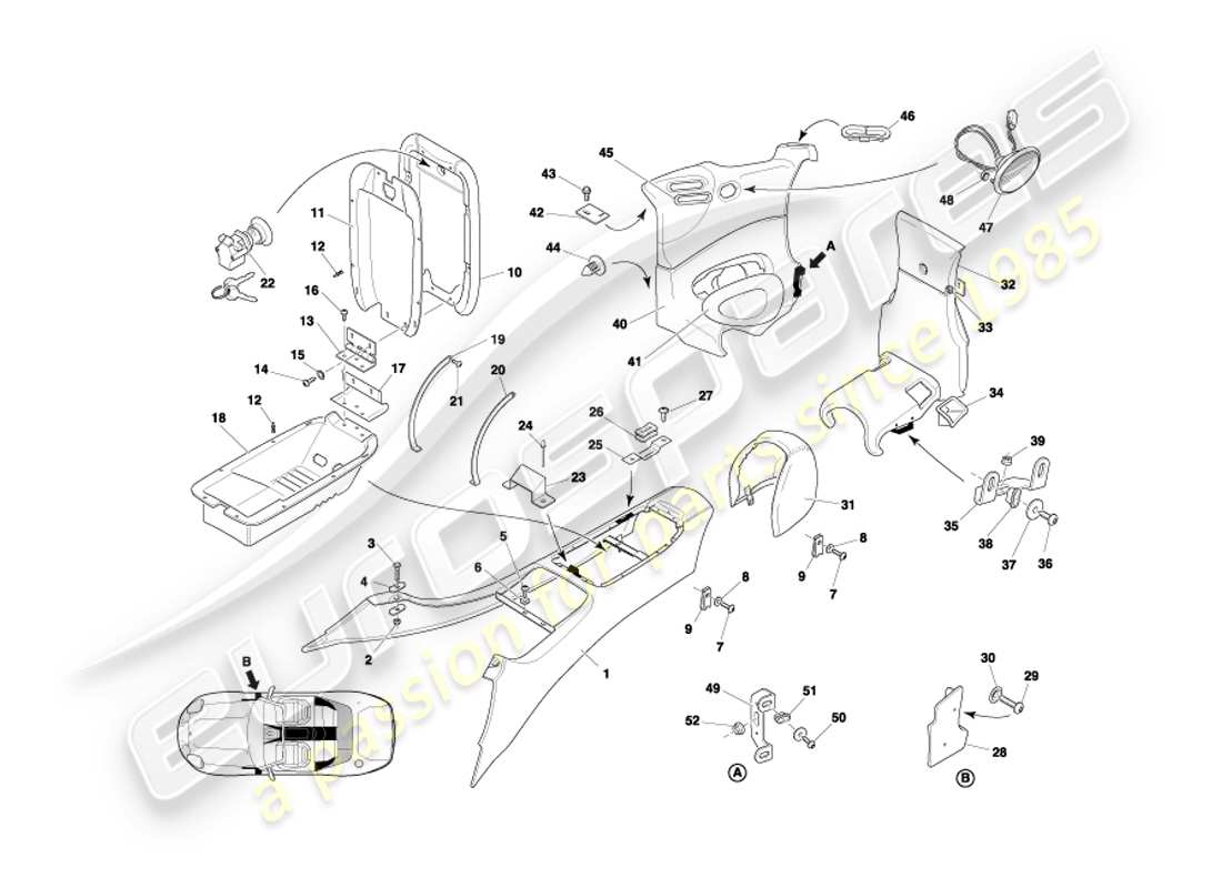 aston martin db7 vantage (2003) console centrale et garniture, diagramme de pièce volante