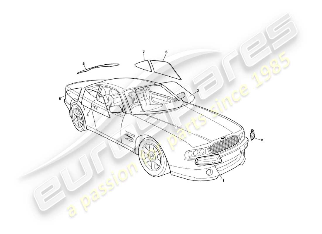 aston martin v8 coupe (2000) diagramme des pièces en verre