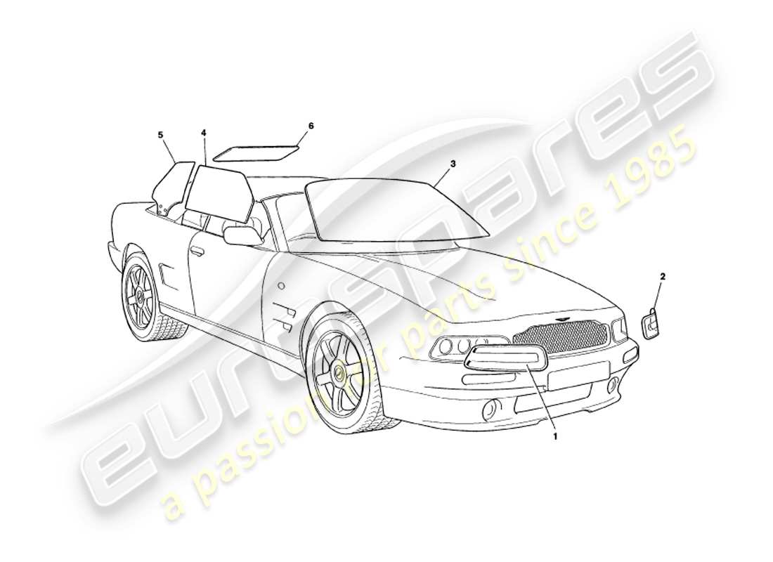aston martin v8 volante (1997) verre schéma des pièces