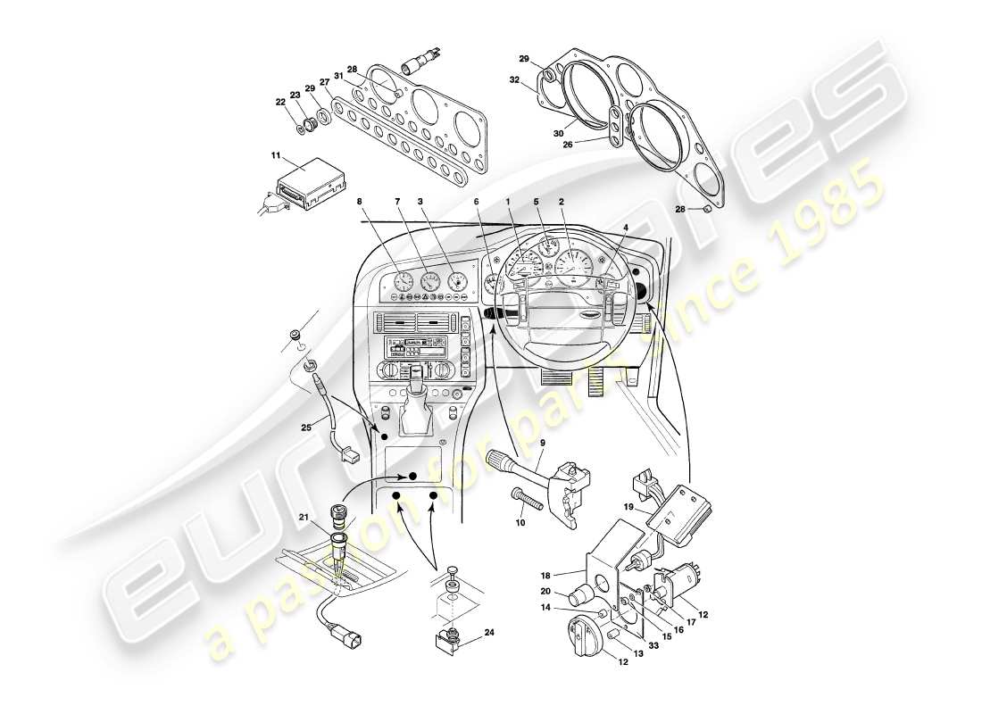 aston martin v8 coupe (2000) instruments et commandes schéma des pièces