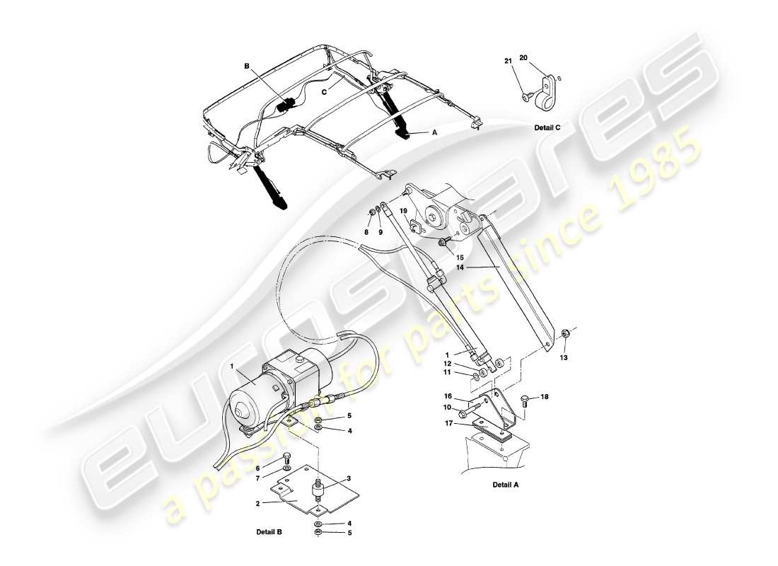 aston martin v8 volante (1997) schéma des pièces du système hydraulique du capot