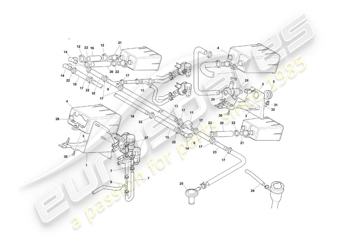 aston martin db7 vantage (1999) système d'émission par évaporation, diagramme des pièces de l'emprise