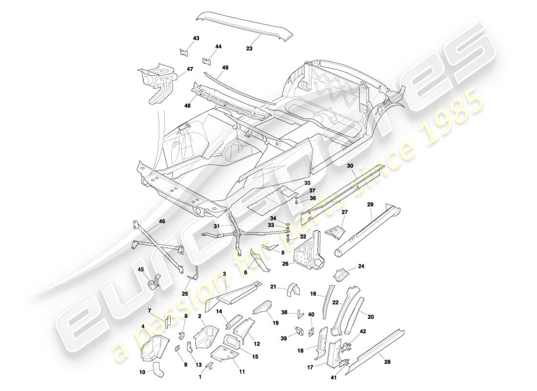 aston martin db7 vantage (2002) panneaux avant, diagramme de pièces volante