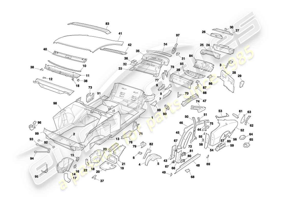 aston martin db7 vantage (2002) panneaux de carrosserie, diagramme de pièce du coupé