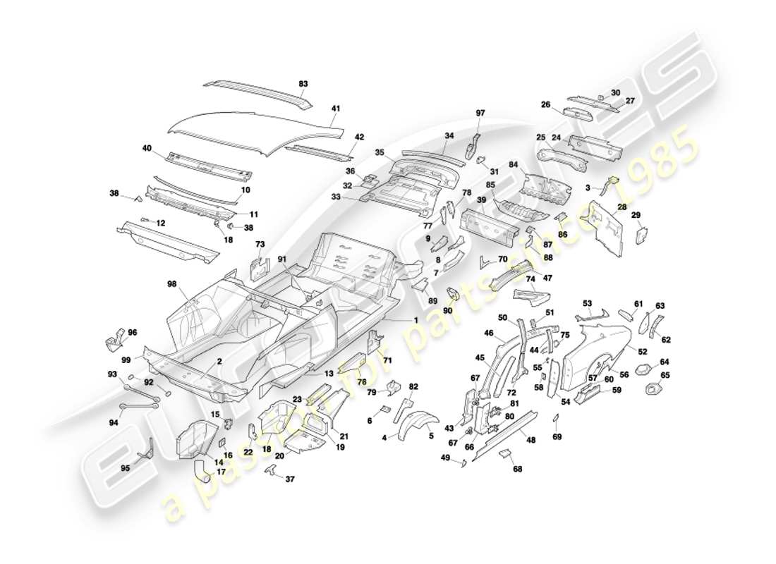 aston martin db7 vantage (2004) panneaux de carrosserie, diagramme de pièce du coupé