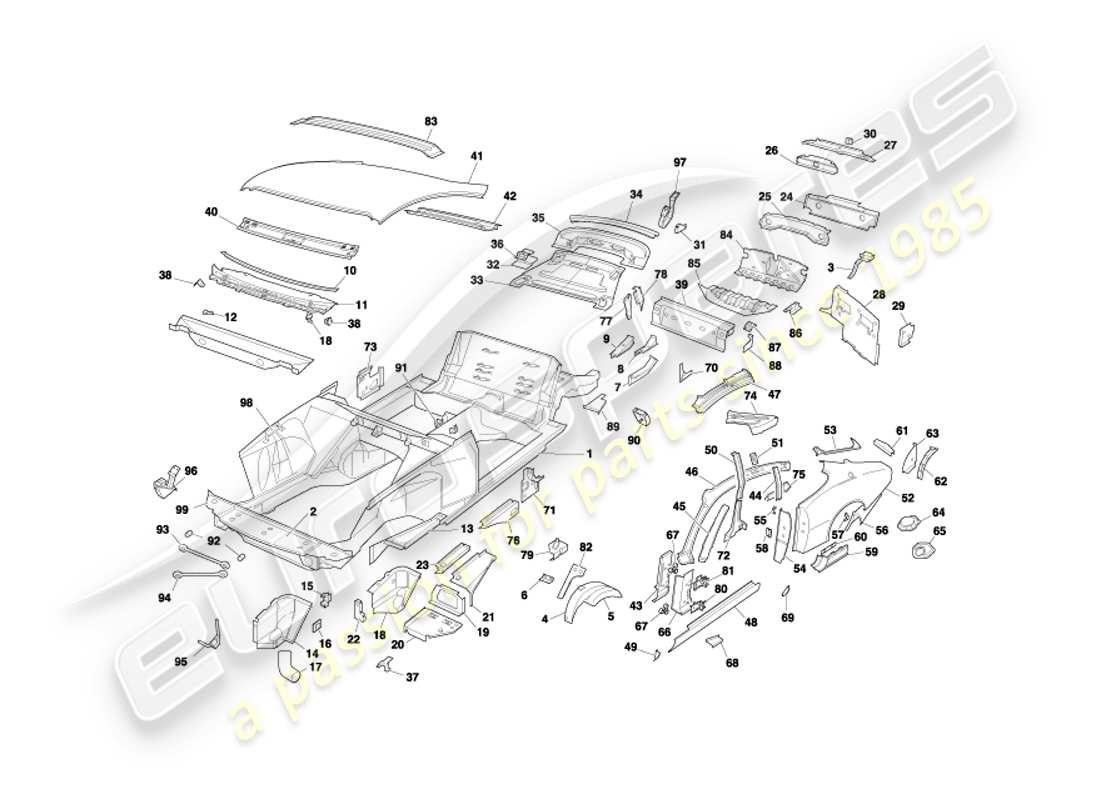 aston martin db7 vantage (2003) panneaux de carrosserie, diagramme de pièce du coupé