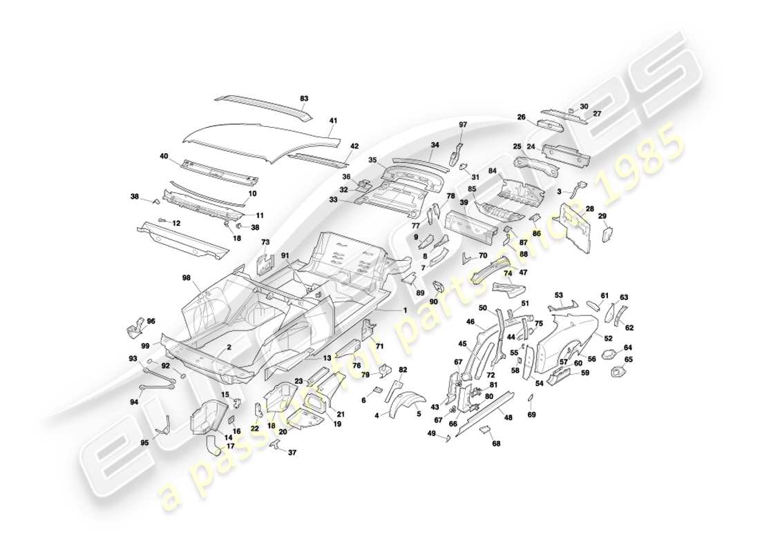aston martin db7 vantage (2000) panneaux de carrosserie, diagramme de pièce du coupé