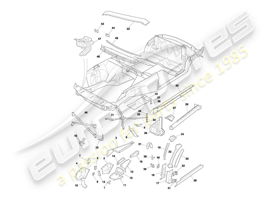 aston martin db7 vantage (2000) panneaux avant, diagramme de pièces volante