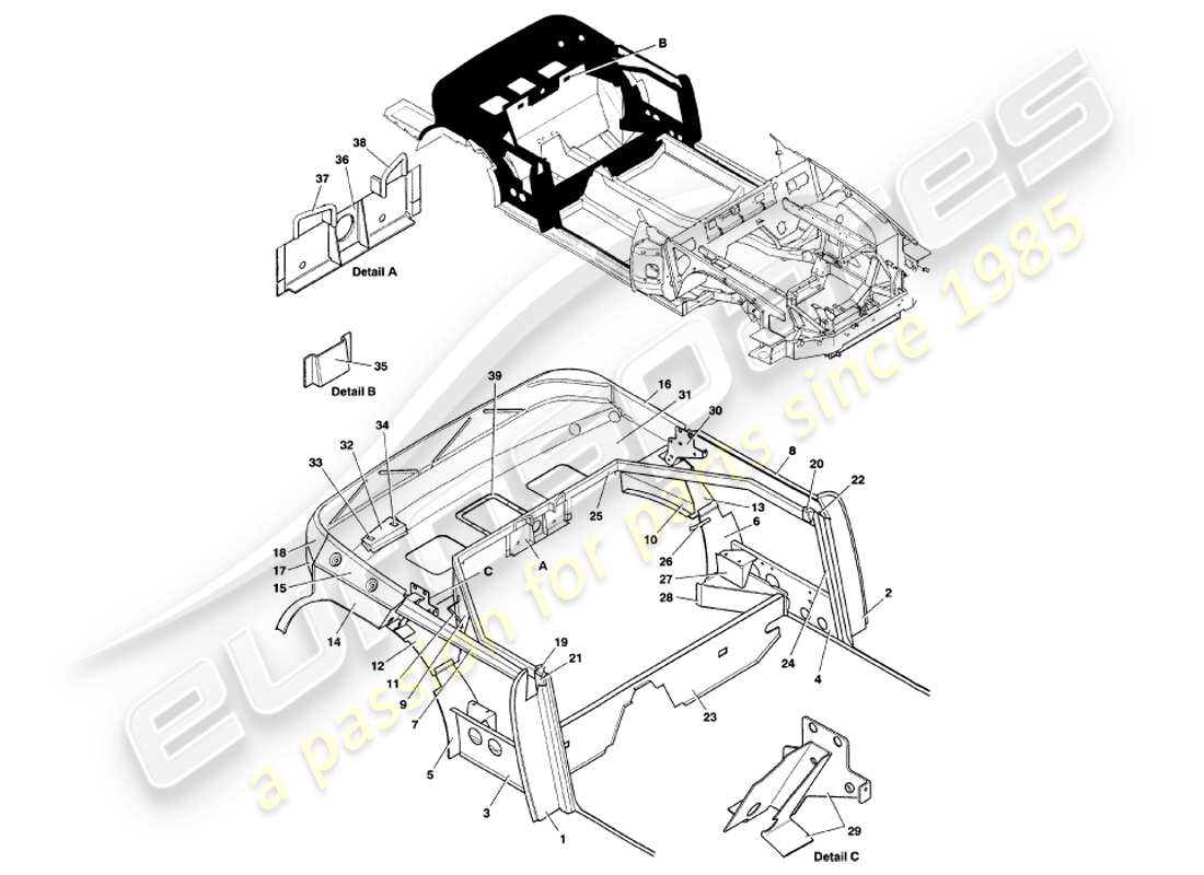 aston martin v8 volante (1999) structure arrière schéma des pièces