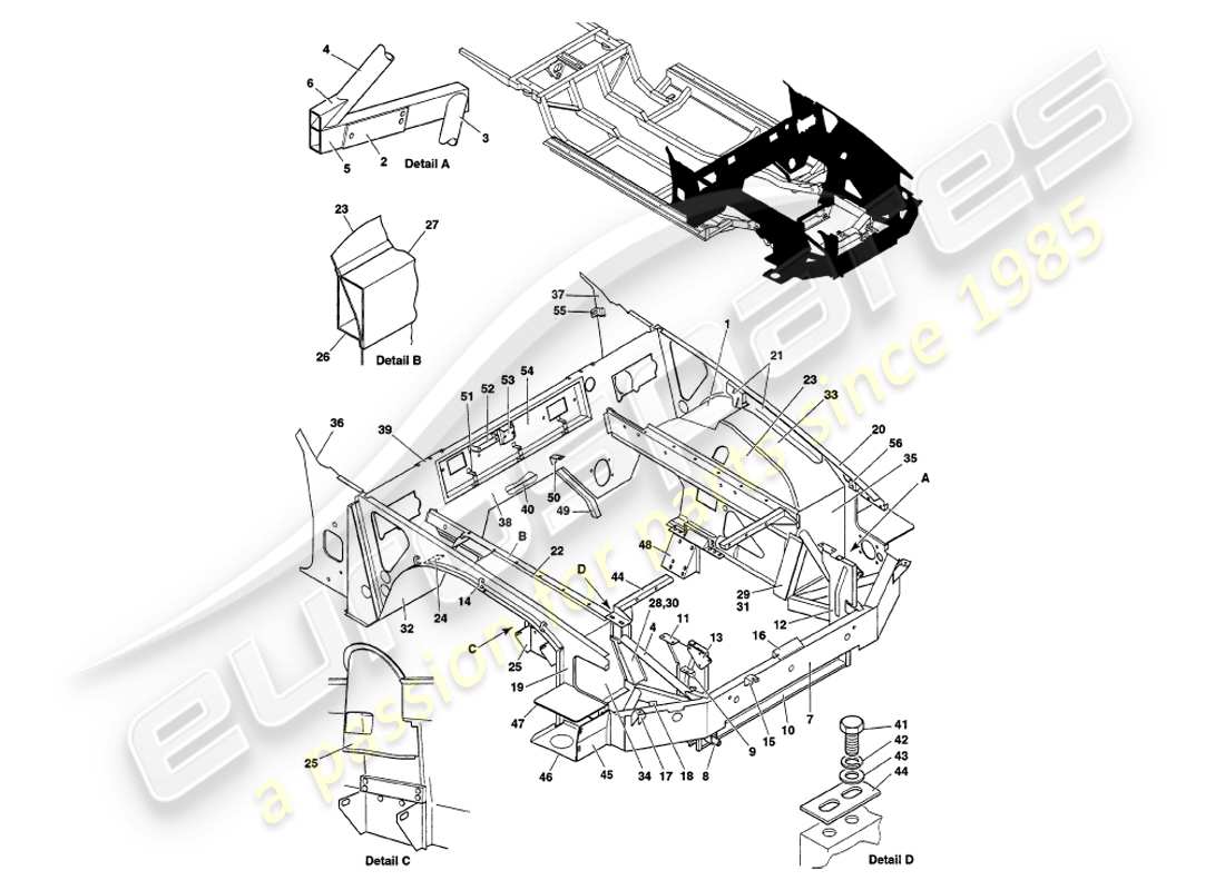 aston martin v8 volante (1999) structure avant schéma des pièces