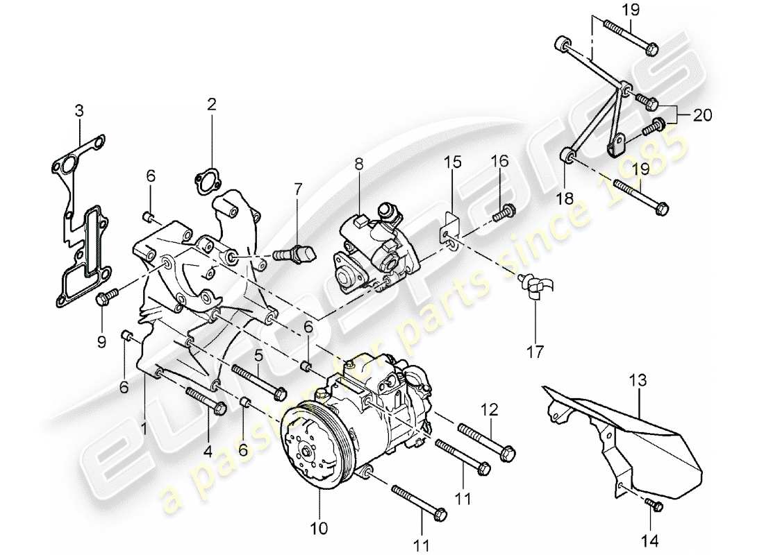 porsche 2005 (carrera gt) support - pompe de direction assistee - compresseur - climatiseur schéma des pièces