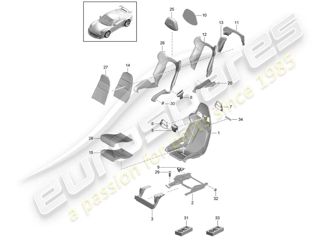 porsche 2019 (991-2 r/gt3/rs) seat schéma des pièces