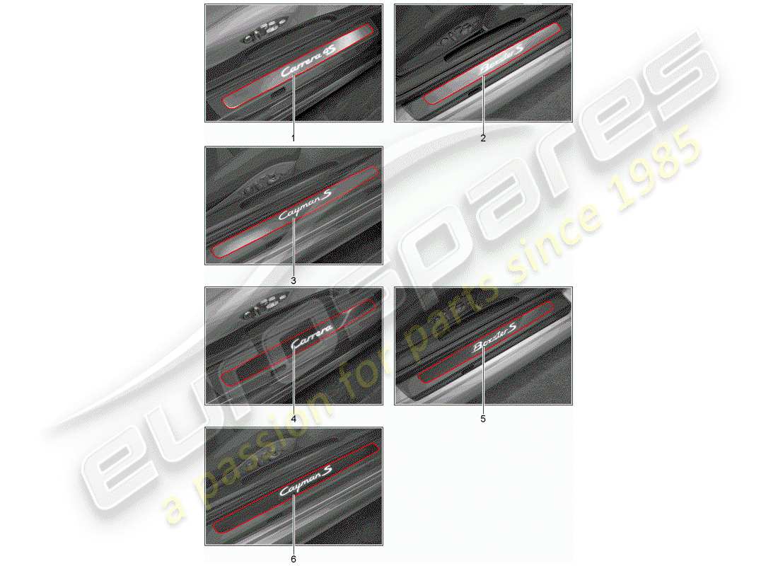 porsche 2013 (tequipment 98x/99x) plaque de seuil - panneau de seuil schéma des pièces