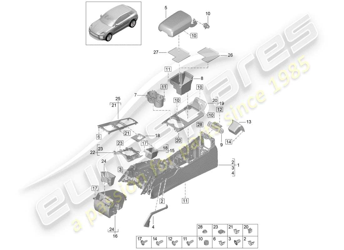 porsche 2019 (macan) console centrale schéma des pièces