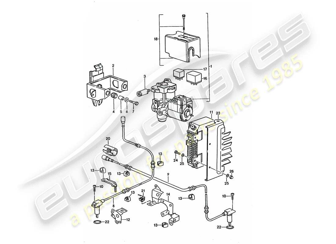 porsche 1994 (928) groupe hydraulique - capteur de vitesse - module de commande électronique - système de frein antiblocage. -abs- schéma des pièces