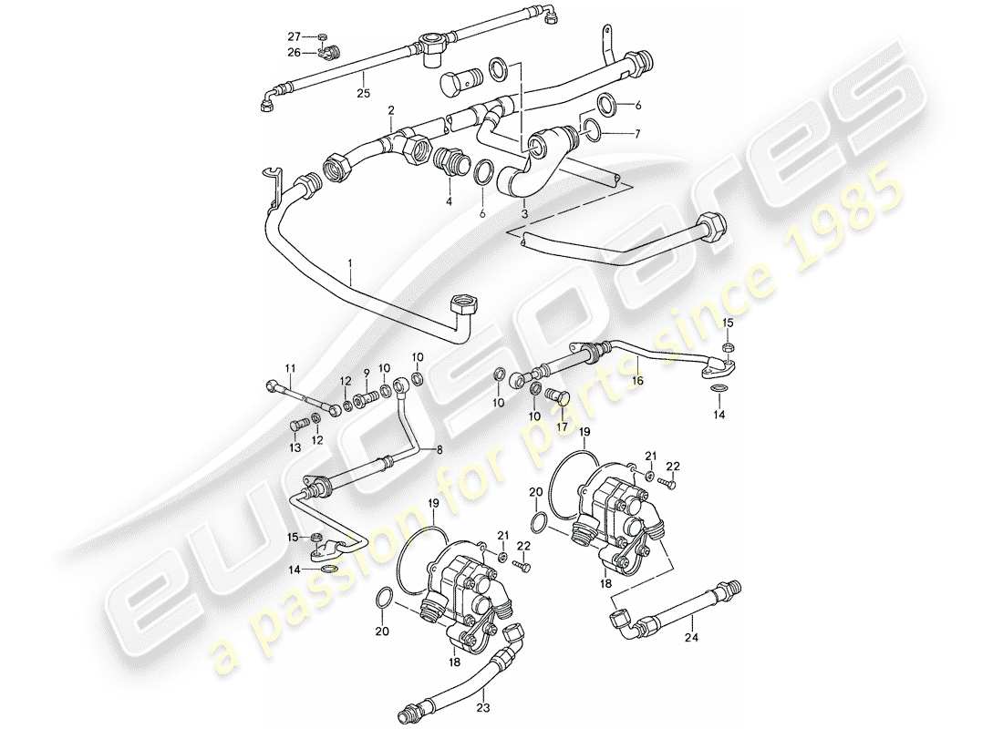 porsche 1987 (959) lubrification moteur - pompe à huile - turbocompresseur de gaz d'échappement schéma des pièces