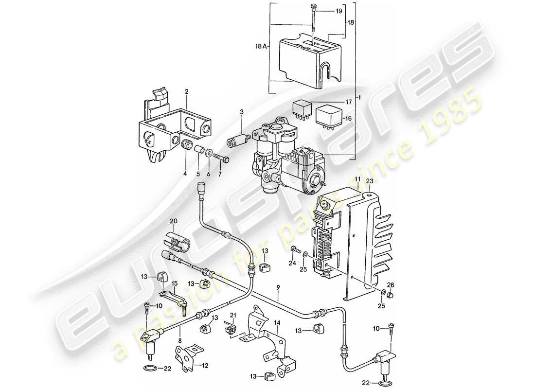 porsche 1990 (928) groupe hydraulique - capteur de vitesse - module de commande électronique - système de frein antiblocage. -abs- schéma des pièces
