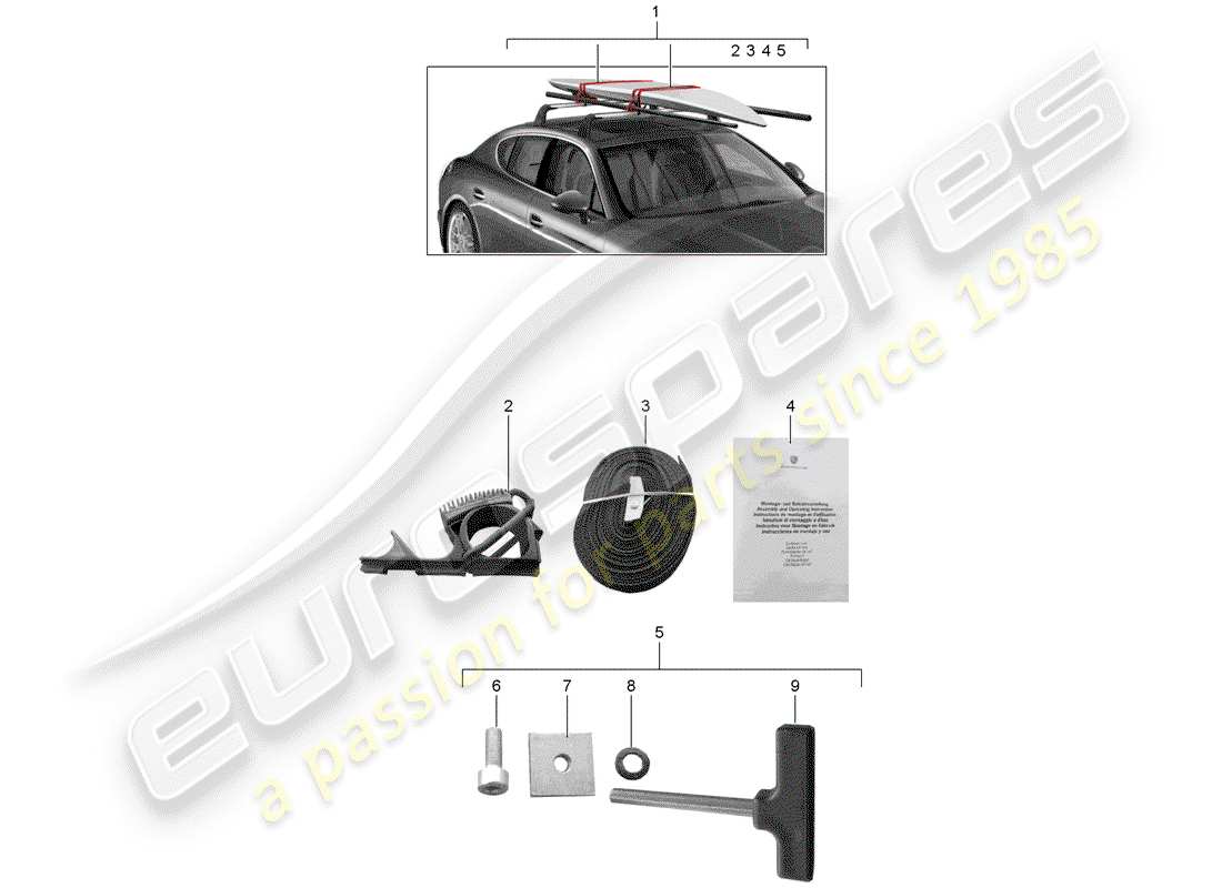 porsche 2012 (tequipment panamera) porte-planche de surf schéma des pièces