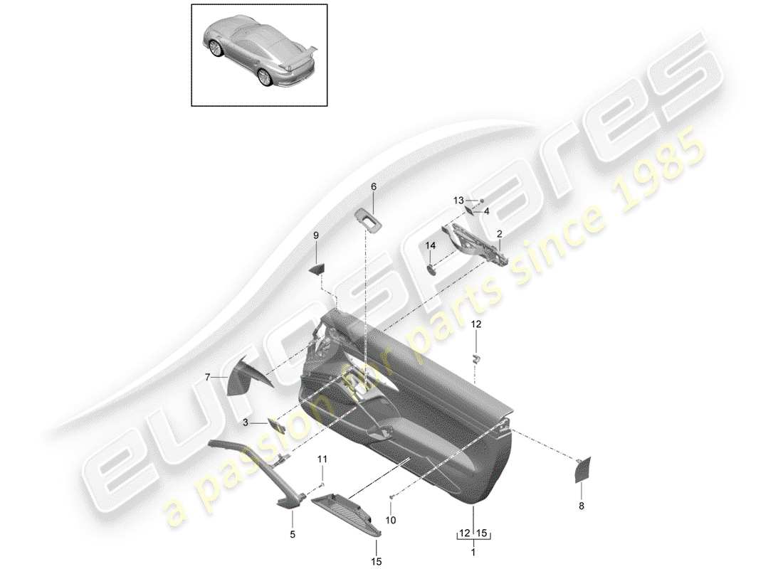 porsche 2014 (991-1 r/gt3/rs) panneau de porte schéma des pièces