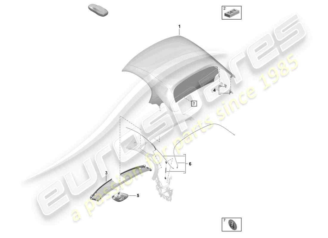 porsche 2020 (718 boxster) couverture - dessus garniture de pavillon moulée schéma des pièces