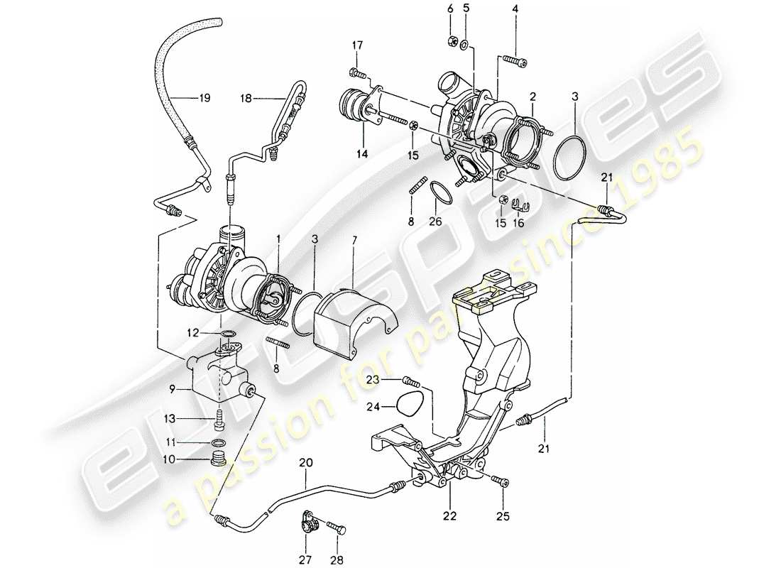 porsche 1998 (993) turbocompresseur de gaz d'échappement - pompe à huile - pour - turbocompresseur de gaz d'échappement schéma des pièces