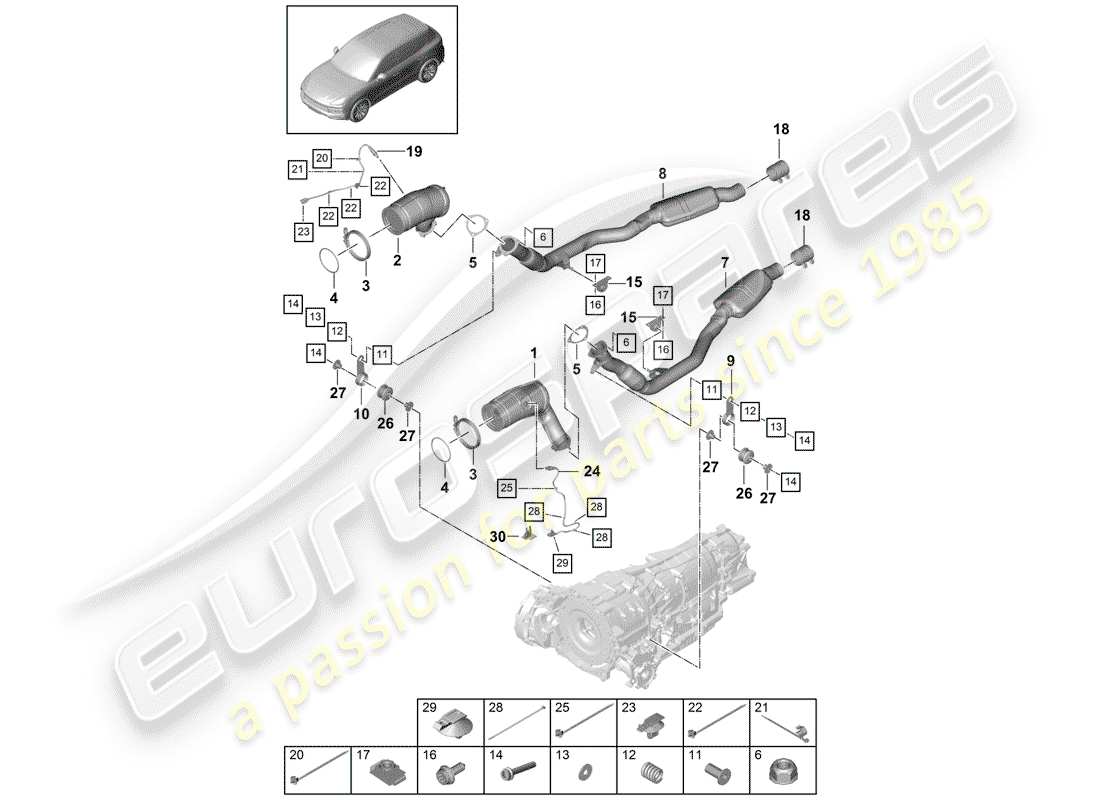 porsche 2019 (cayenne e3 9ya/9yb) système d'échappement schéma des pièces