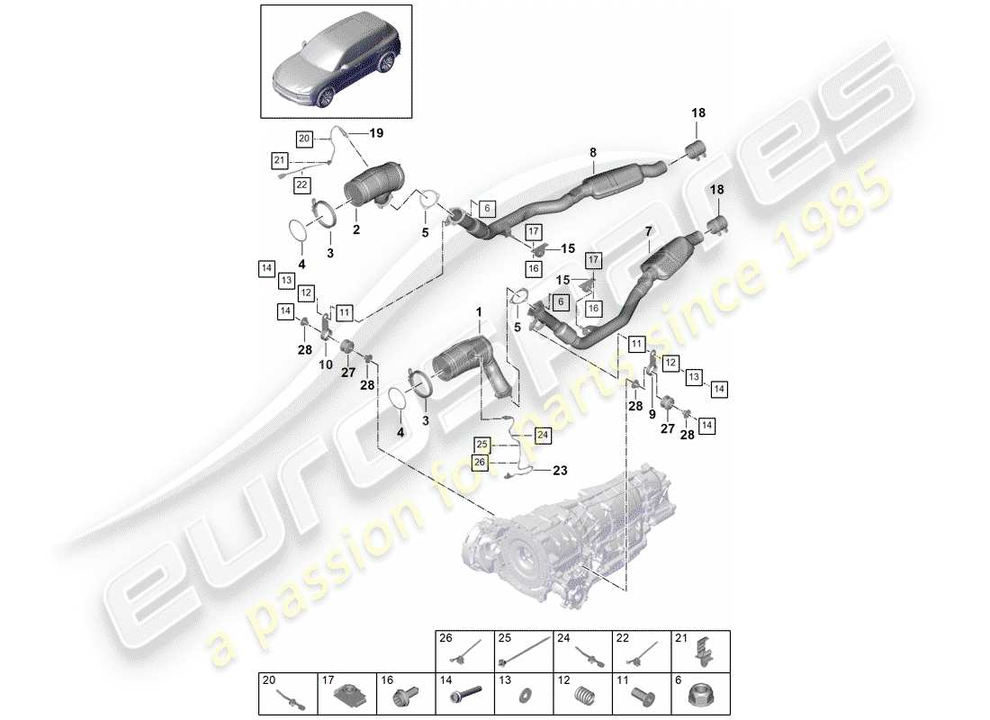 porsche 2019 (cayenne e3 9ya/9yb) système d'échappement schéma des pièces