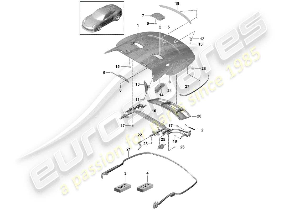 porsche 2015 (991-1 r/gt3/rs) couvercle pour coffre de rangement supérieur schéma des pièces